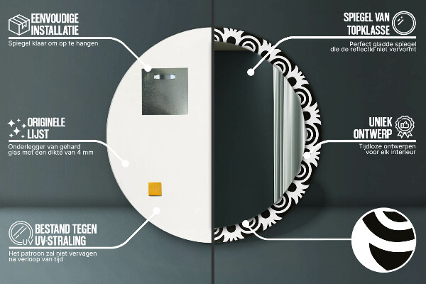 Rund spegel med tryck Svart geometrisk prydnad