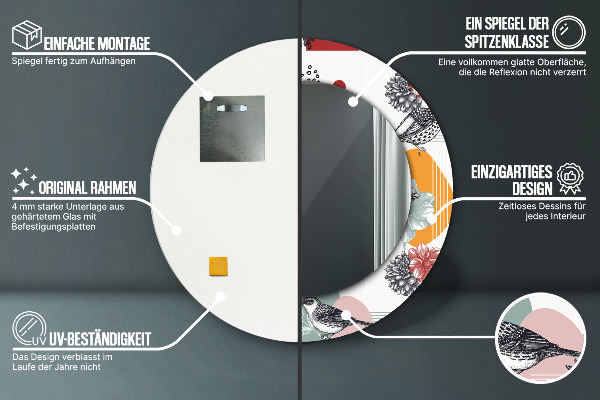 Rund spegel med tryck Abstraktion med fåglar