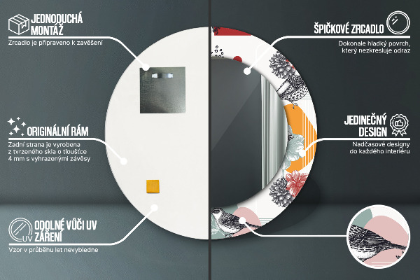 Rund spegel med tryck Abstraktion med fåglar