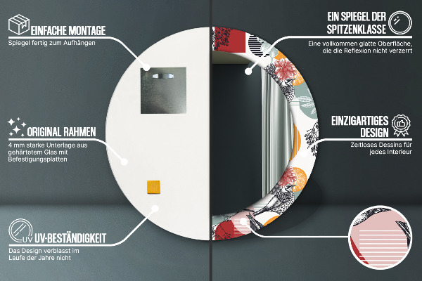 Rund spegel med tryck Abstraktion med fåglar