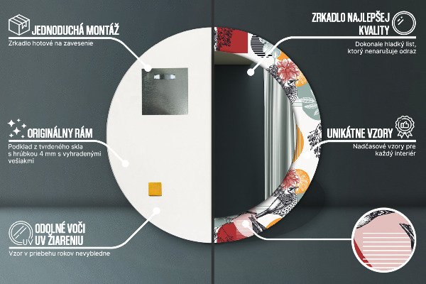 Rund spegel med tryck Abstraktion med fåglar