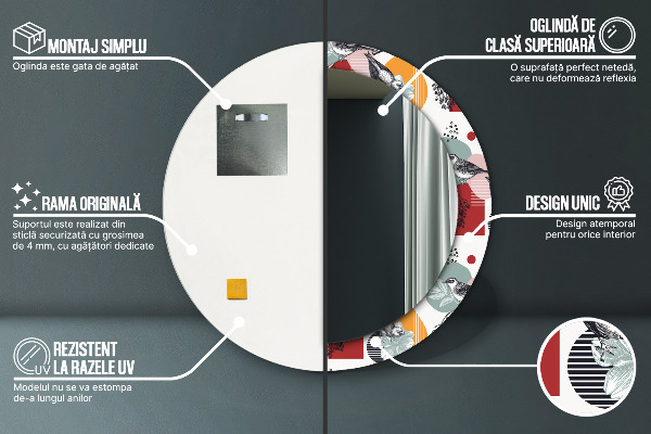 Rund spegel med tryck Abstraktion med fåglar