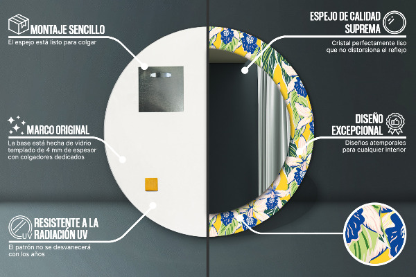 Rund spegel med tryck Blå och gula orkidéer