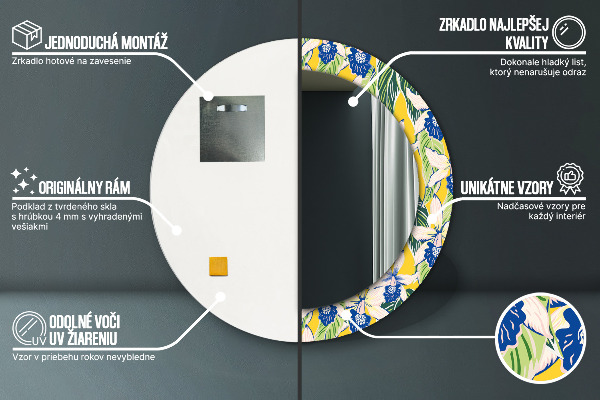 Rund spegel med tryck Blå och gula orkidéer