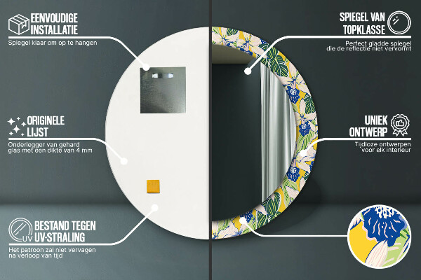 Rund spegel med tryck Blå och gula orkidéer