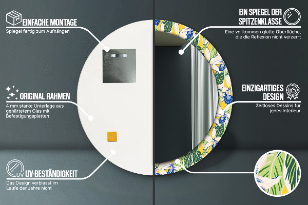 Rund spegel med tryck Blå och gula orkidéer