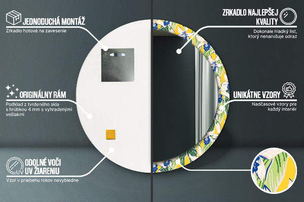 Rund spegel med tryck Blå och gula orkidéer