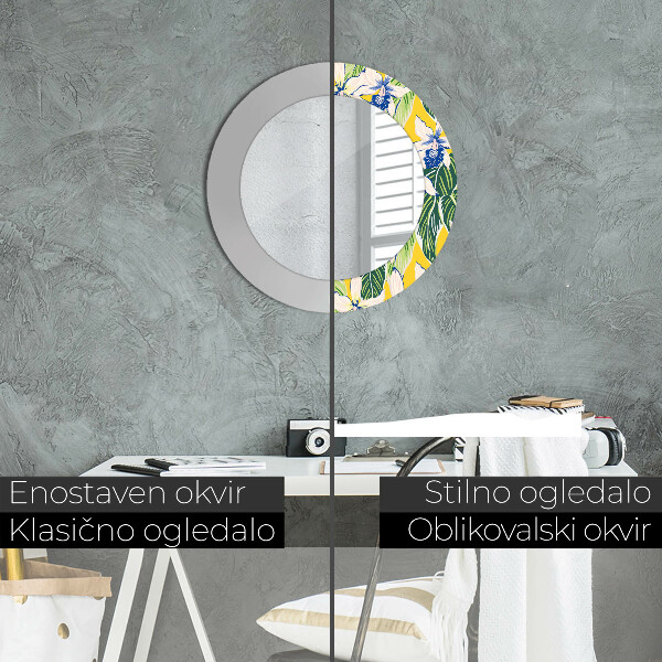 Rund spegel med tryck Blå och gula orkidéer