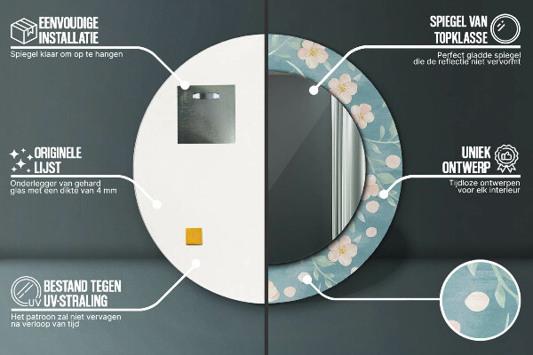Rund spegel med tryck Blommönster