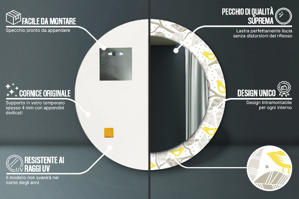 Rund spegel med tryck Gula fåglar på grenarna