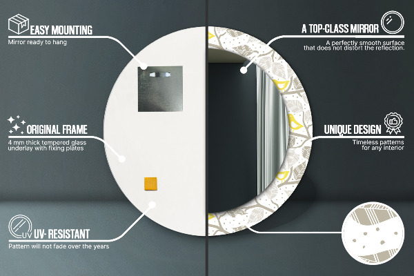 Rund spegel med tryck Gula fåglar på grenarna