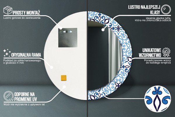 Rund spegel med tryck Blå arabiska mönster