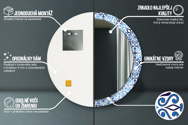 Rund spegel med tryck Blå arabiska mönster
