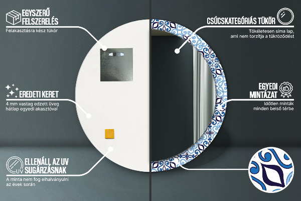 Rund spegel med tryck Blå arabiska mönster