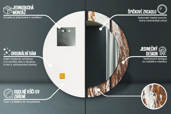 Rund spegel med tryck Vintage mörkt trä