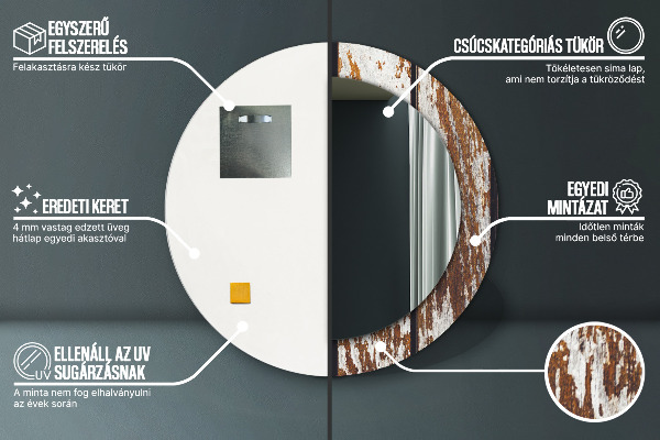 Rund spegel med tryck Vintage mörkt trä