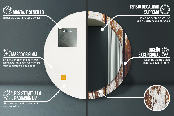 Rund spegel med tryck Vintage mörkt trä