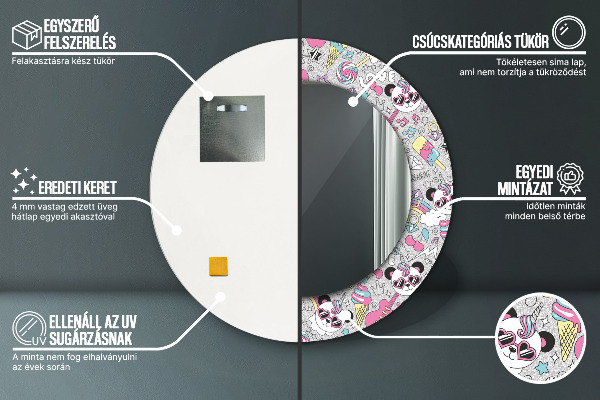 Rund spegel med tryck Enhörningspanda