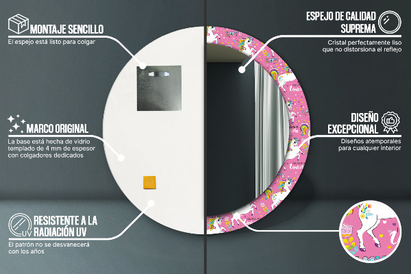 Rund spegel med tryck Magisk enhörning