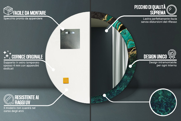 Rund spegel med tryck Marmorgrön