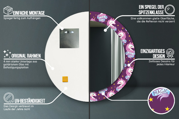 Rund spegel med tryck Enhörningsstjärnor