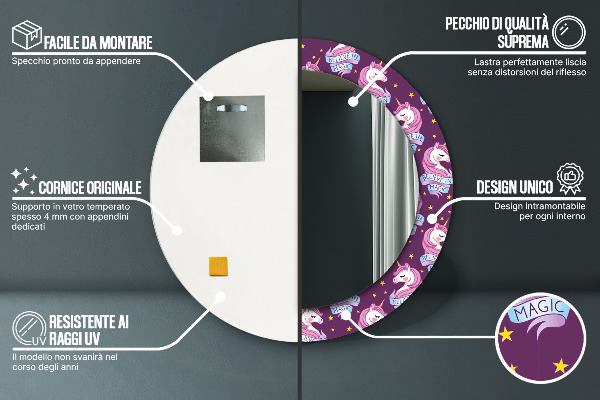 Rund spegel med tryck Enhörningsstjärnor