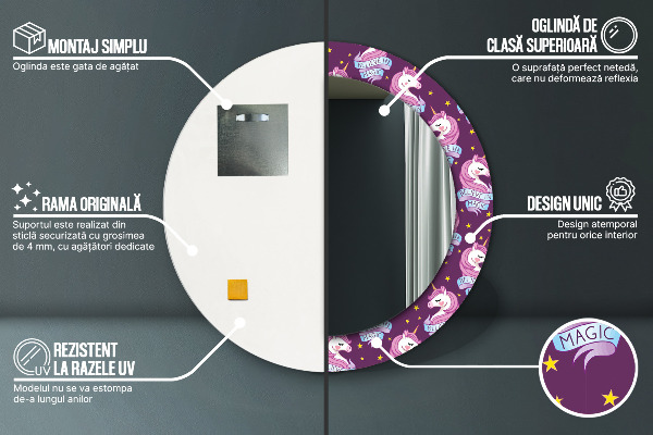 Rund spegel med tryck Enhörningsstjärnor