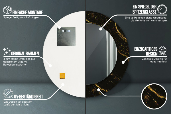 Rund spegel med tryck Svart marmor