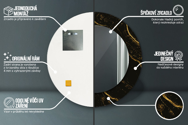 Rund spegel med tryck Svart marmor