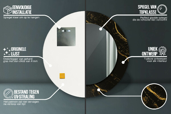 Rund spegel med tryck Svart marmor