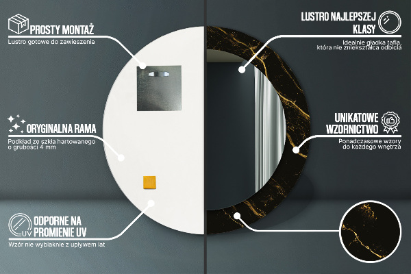 Rund spegel med tryck Svart marmor