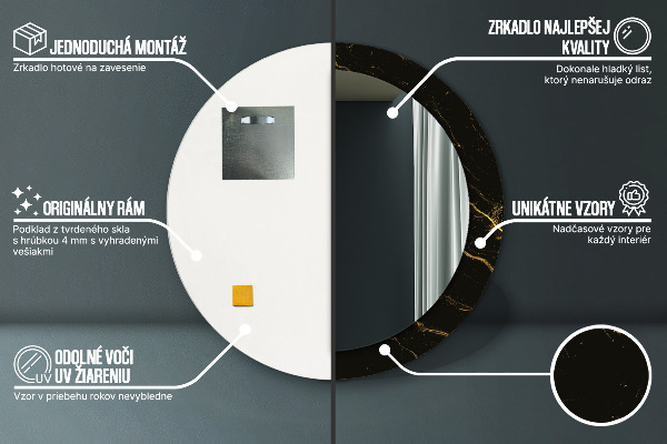Rund spegel med tryck Svart marmor