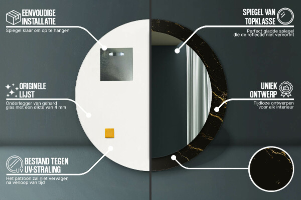 Rund spegel med tryck Svart marmor