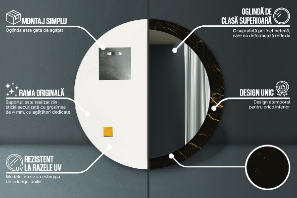 Rund spegel med tryck Svart marmor