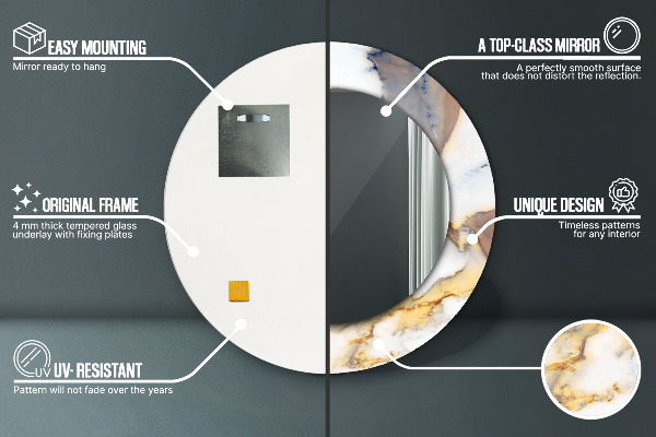 Rund spegel med tryck Vit marmor