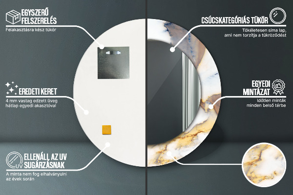 Rund spegel med tryck Vit marmor