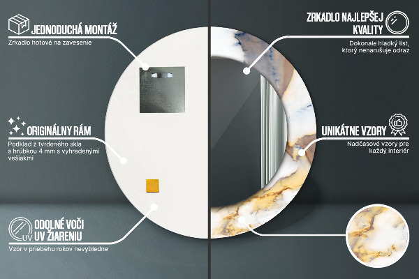 Rund spegel med tryck Vit marmor