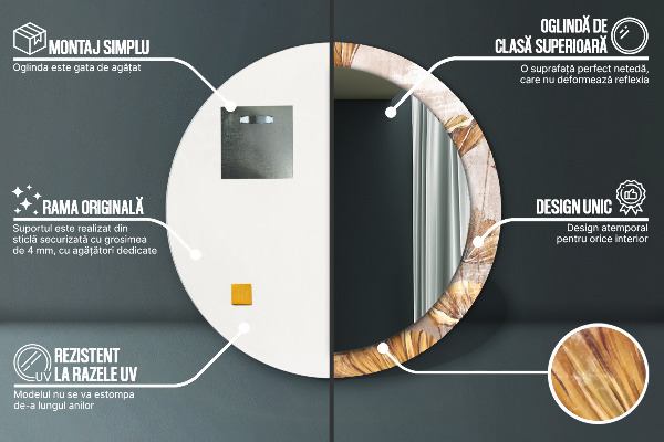 Rund spegel med tryck Gyllene blad