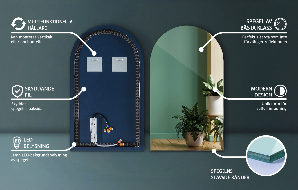 Välvd spegel led 45x80 cm