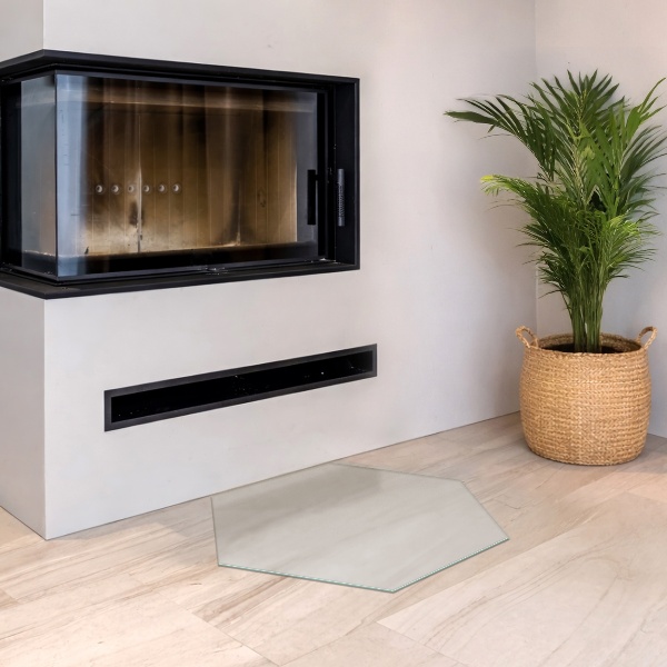 Hexagonal semitransparent glasskiva för öppen spis h40 cm
