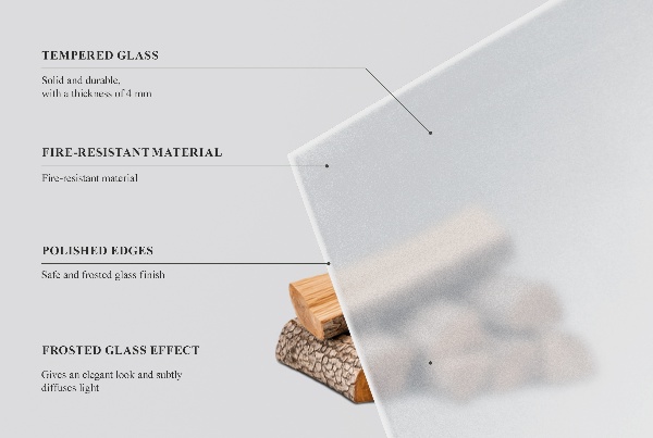 Rektangulär semitransparent glasskiva under kamin 80x60 cm