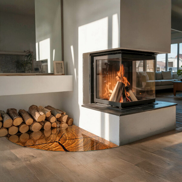 Fjärdedelscirkel glasskiva under braskamin Trädårringar i tvärsnitt