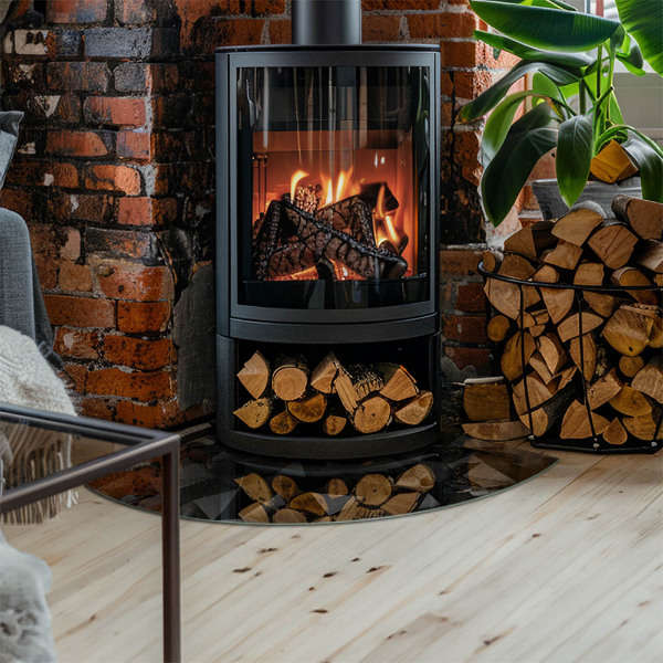 Fjärdedelscirkel glasskiva framför öppen spis Tredimensionell geometri