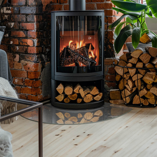 Fjärdedelscirkel glasskiva under braskamin Betongstruktur med effekt