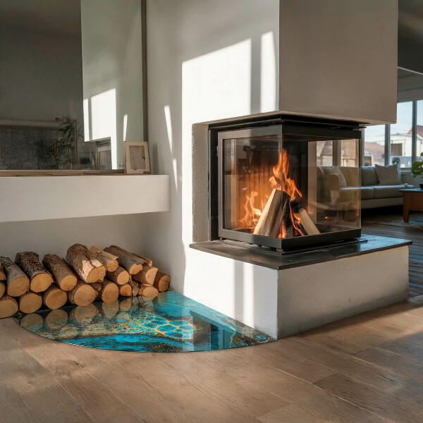 Fjärdedelscirkel glasskiva framför öppen spis Abstrakt organiskt mönster