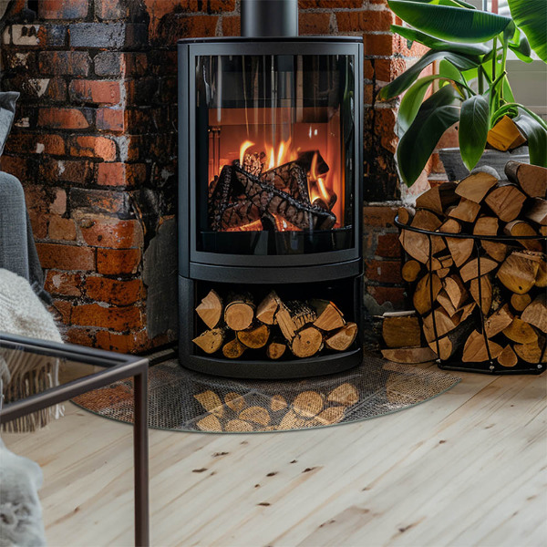 Fjärdedelscirkel glasskiva under braskamin Mönster av perforerad plåt