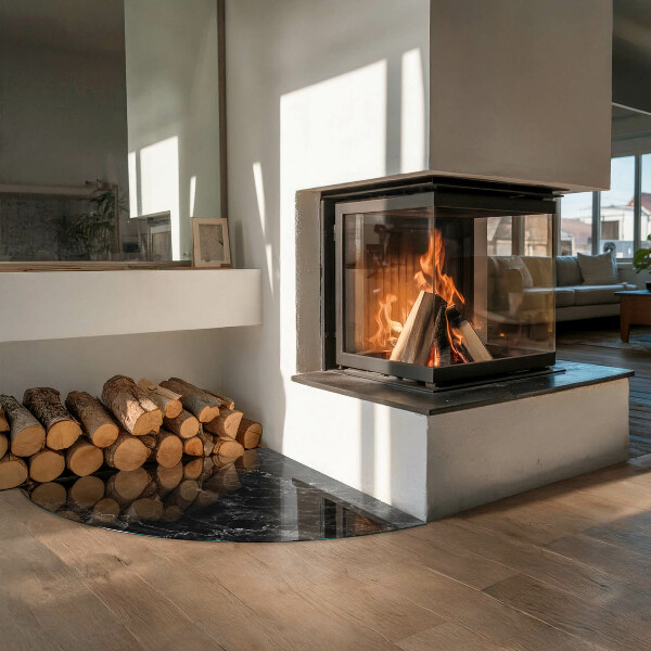 Fjärdedelscirkel glasskiva framför öppen spis Elegant marmormönster