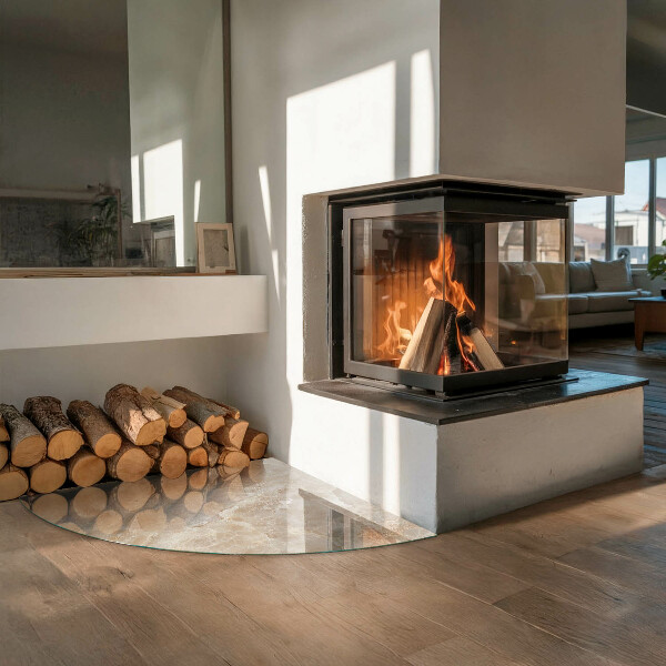 Fjärdedelscirkel glasskiva under kamin Naturligt stenmönster