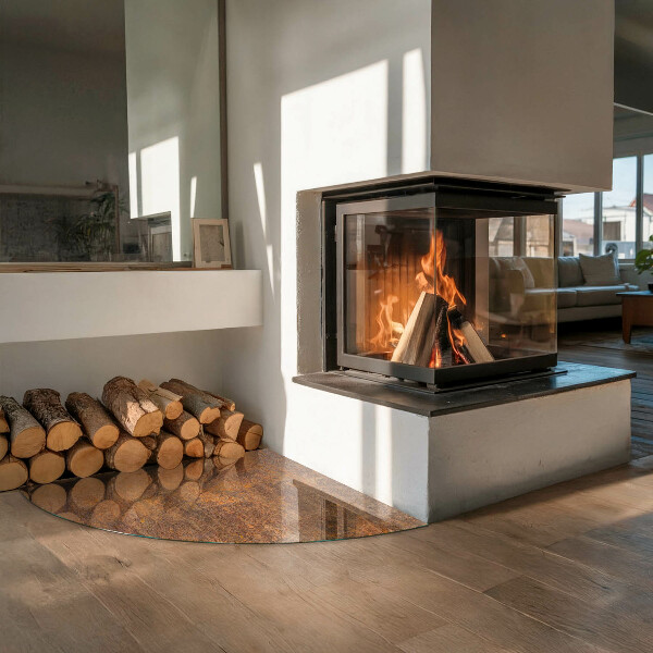 Fjärdedelscirkel glasskiva framför öppen spis Roststruktur på metall