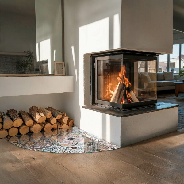 Fjärdedelscirkel glasskiva under kamin Mosaikmönster på kakel